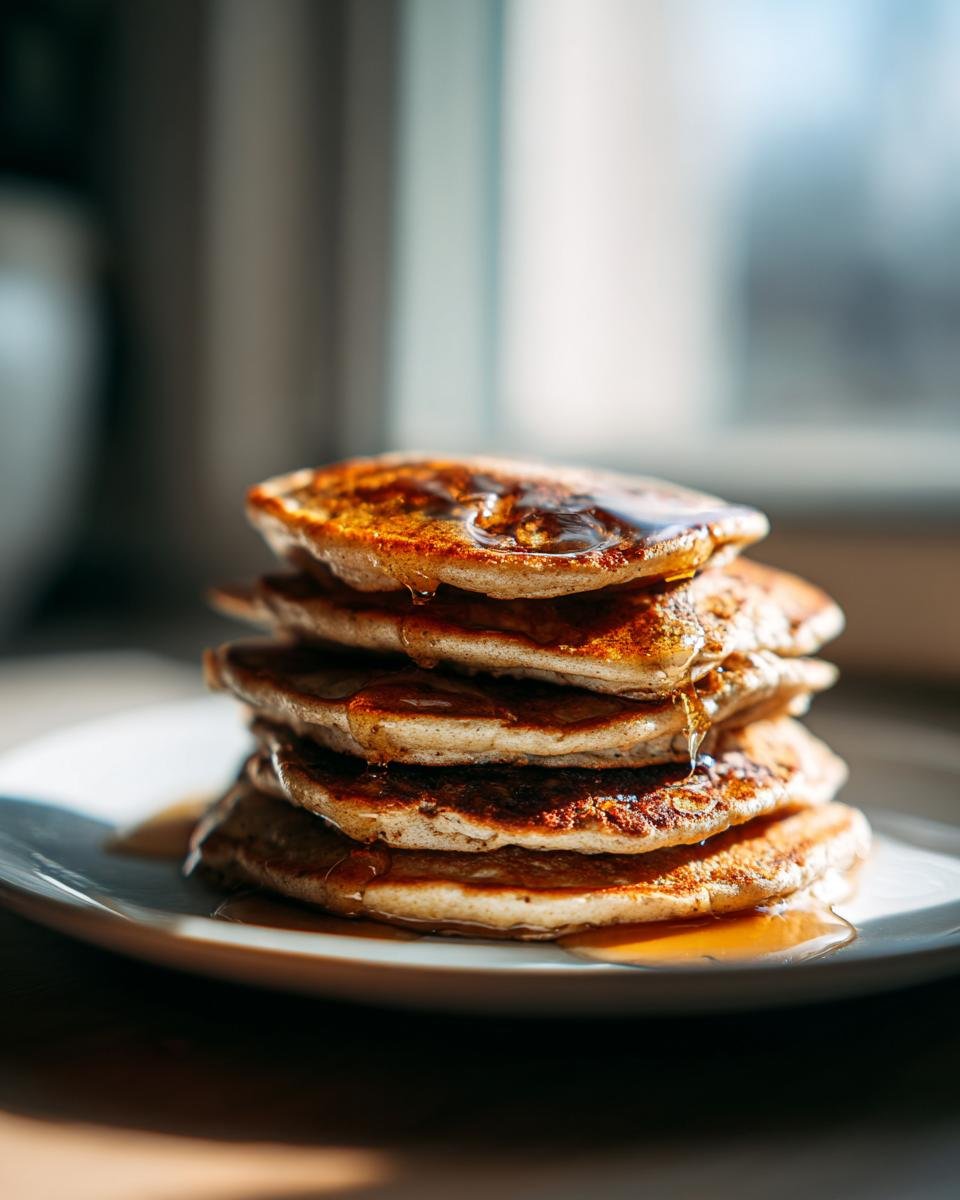 A tall stack of golden brown Healthy Vegan Flourless Apple Pancakes drizzled heavily with syrup.
