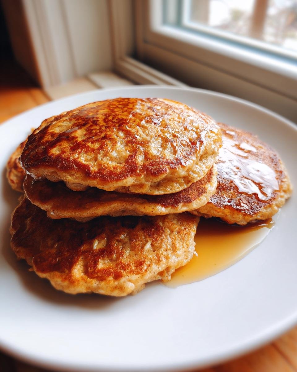 A stack of golden brown Healthy Vegan Flourless Apple Pancakes drizzled with syrup on a white plate.