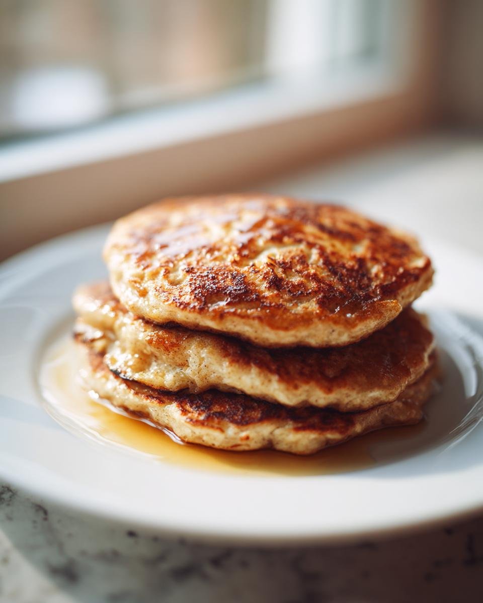 A stack of three golden-brown Healthy Vegan Flourless Apple Pancakes drizzled with syrup on a white plate.