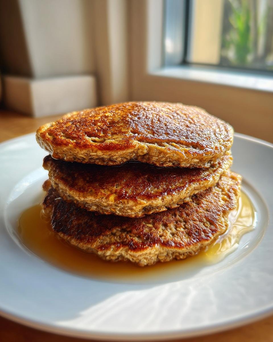 A close-up stack of three golden-brown Healthy Vegan Flourless Apple Pancakes drizzled with syrup.