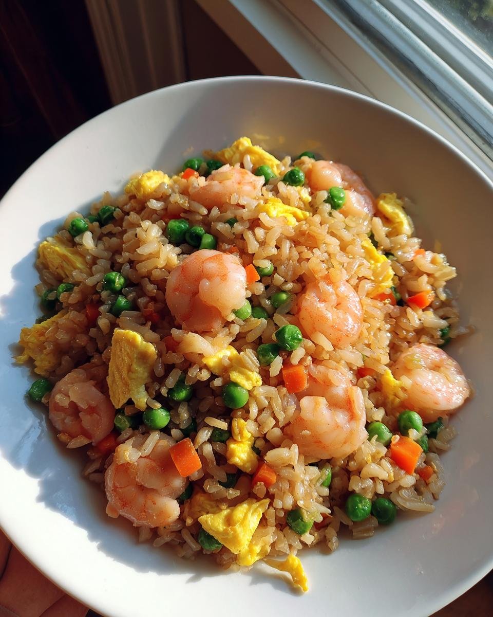 A white bowl filled with Healthy Weeknight Shrimp Fried Rice featuring shrimp, peas, carrots, and scrambled egg.