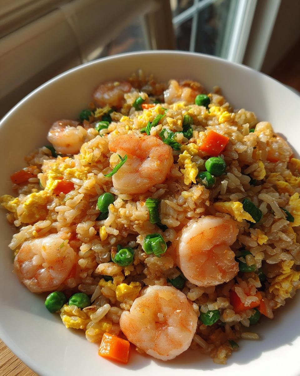 Close-up of a white bowl filled with Healthy Weeknight Shrimp Fried Rice featuring plump shrimp, scrambled egg, peas, and carrots.