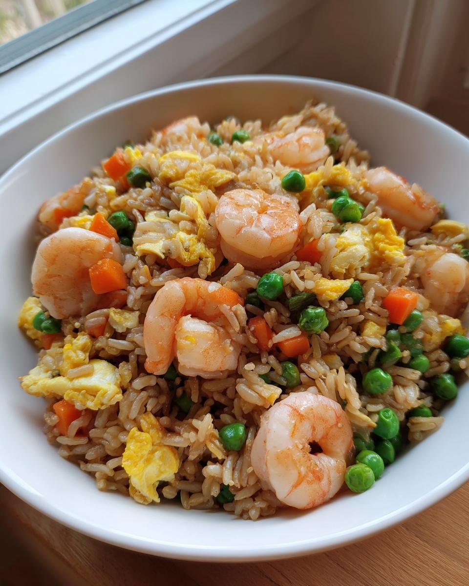 Close-up of a white bowl filled with Healthy Weeknight Shrimp Fried Rice, featuring plump shrimp, peas, carrots, and scrambled egg.