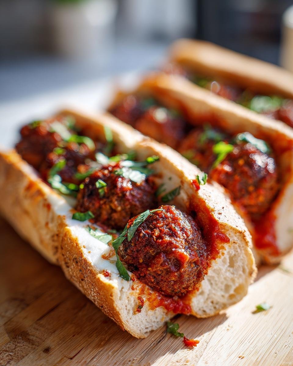 Close-up of Homemade Vegan Chickpea Quinoa Meatball Subs filled with saucy meatballs and topped with fresh herbs.