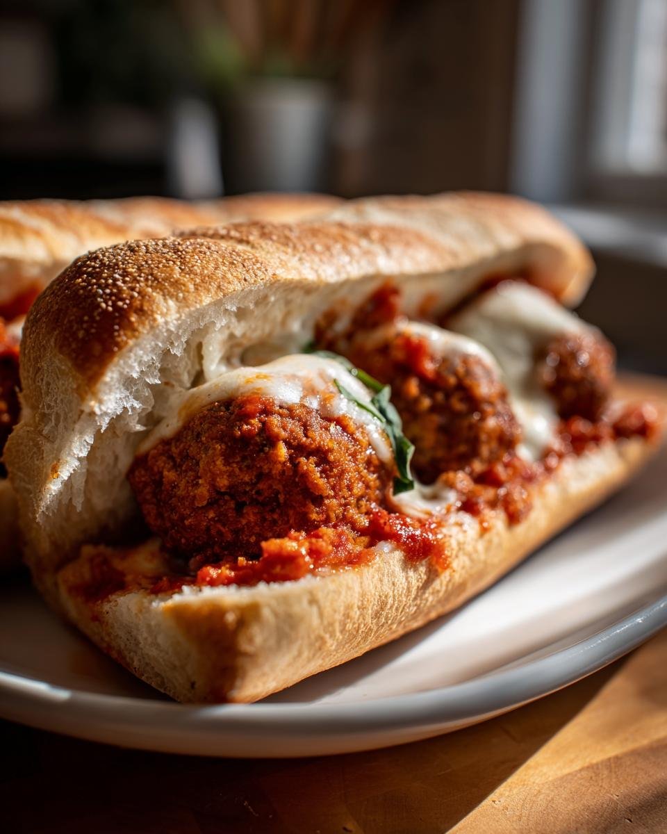 A close-up of a Homemade Vegan Chickpea Quinoa Meatball Sub filled with saucy meatballs, melted cheese, and basil.