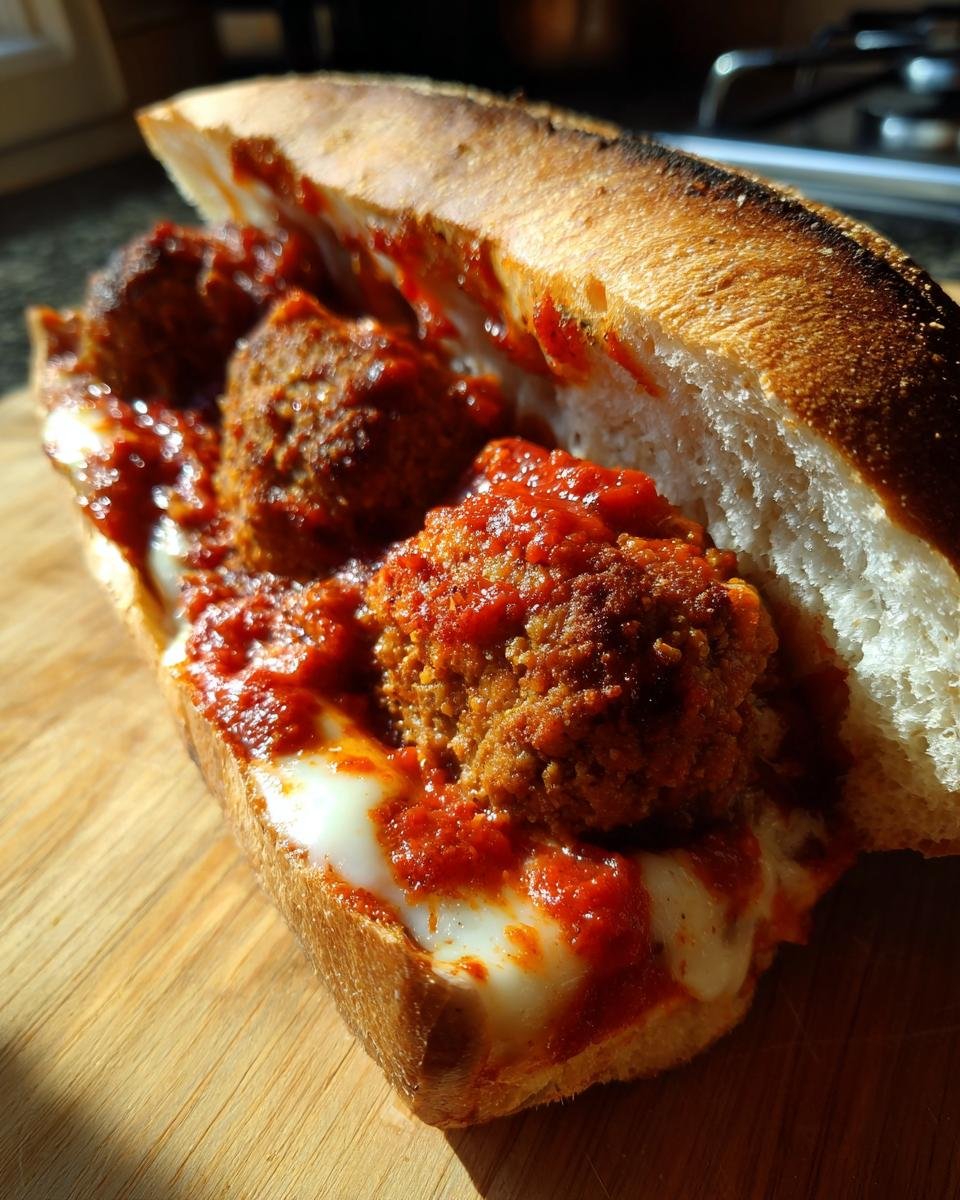 A close-up of a Homemade Vegan Chickpea Quinoa Meatball Sub filled with meatballs, marinara sauce, and melted vegan cheese on a toasted roll.
