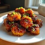A pile of glistening Honey Garlic Salmon Bites coated in a dark glaze and topped with sesame seeds and green onions.