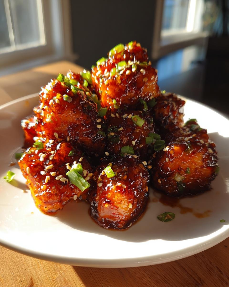 A pile of glistening Honey Garlic Salmon Bites coated in a dark glaze, topped with sesame seeds and chopped green onions.