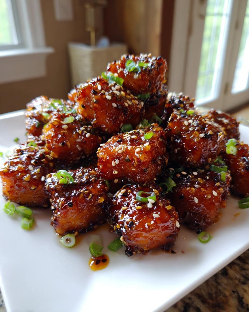 A pile of glistening Honey Garlic Salmon Bites coated in a rich sauce and sprinkled with sesame seeds and green onions.
