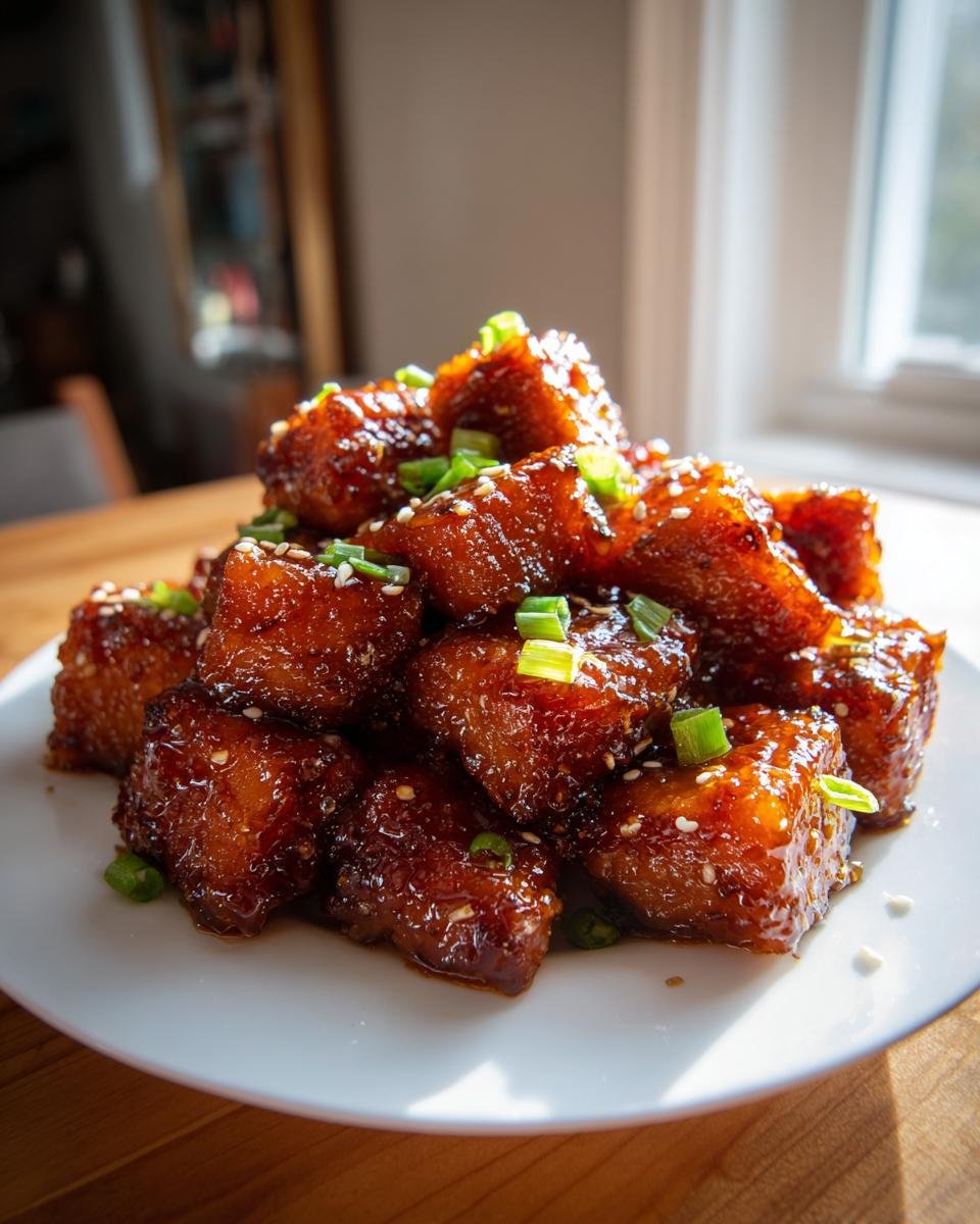 A tempting stack of glazed Honey Garlic Salmon Bites garnished with sesame seeds and chopped green onions.