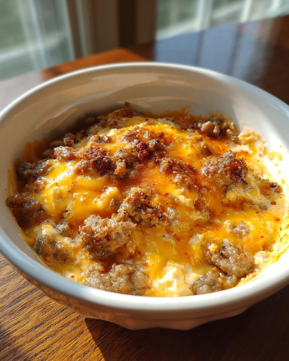 Close-up of bubbling Hot Ranch Sausage Dip topped with melted cheddar cheese and browned sausage crumbles in a white bowl.