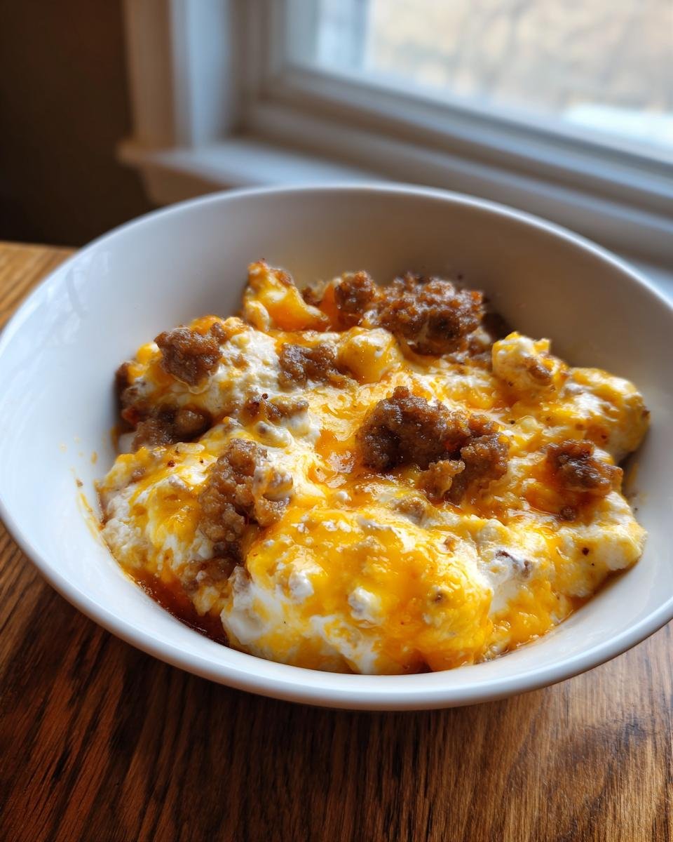 A close-up view of freshly made Hot Ranch Sausage Dip, featuring melted cheese and crumbled sausage in a white bowl.