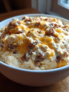 A close-up of a creamy Hot Ranch Sausage Dip topped with melted cheddar cheese and crumbled sausage.