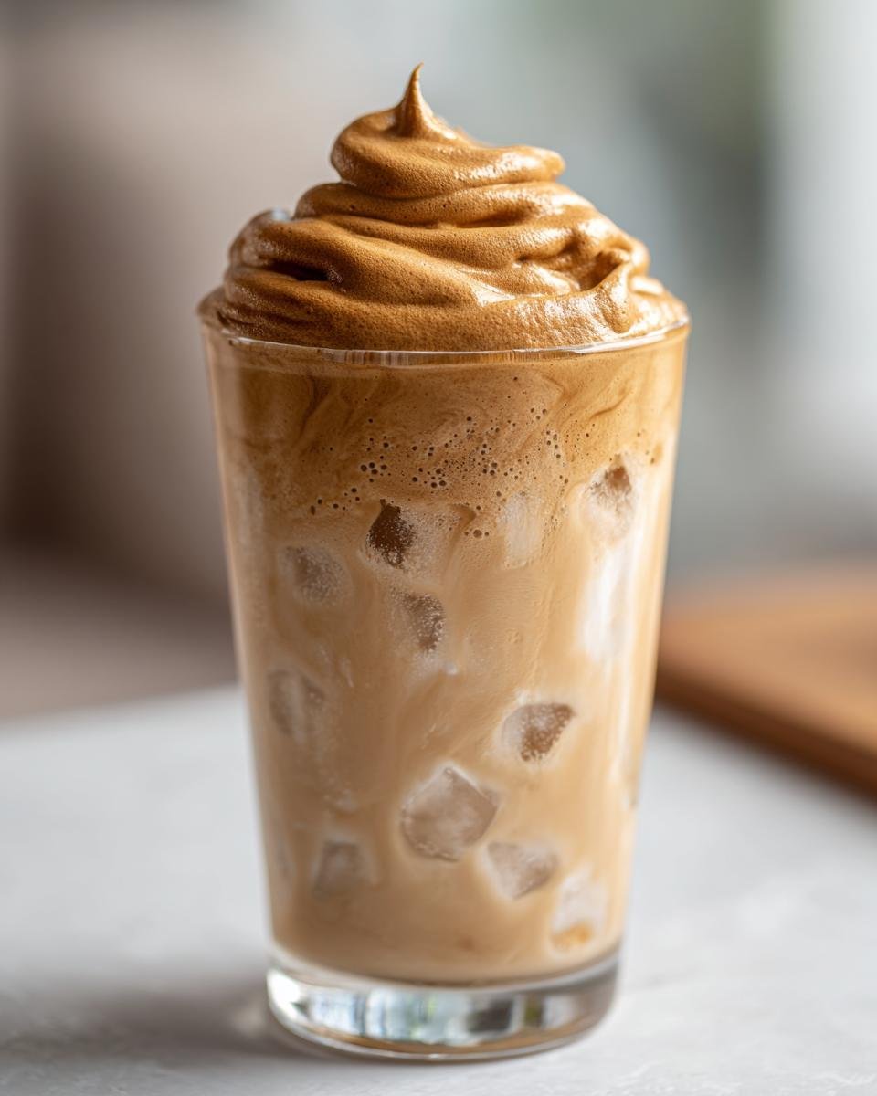 Close-up of a tall glass filled with an Iced Dalgona Coffee Vanilla Latte topped with thick, swirled whipped coffee foam.