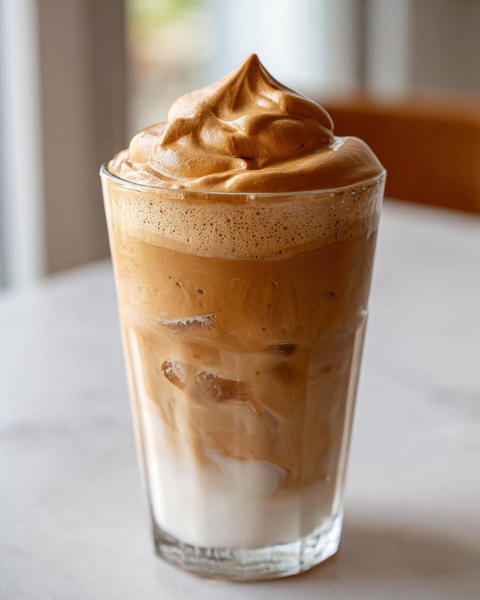 A tall glass of Iced Dalgona Coffee Whipped Coffee Vanilla Latte topped with thick, peaked whipped coffee foam.