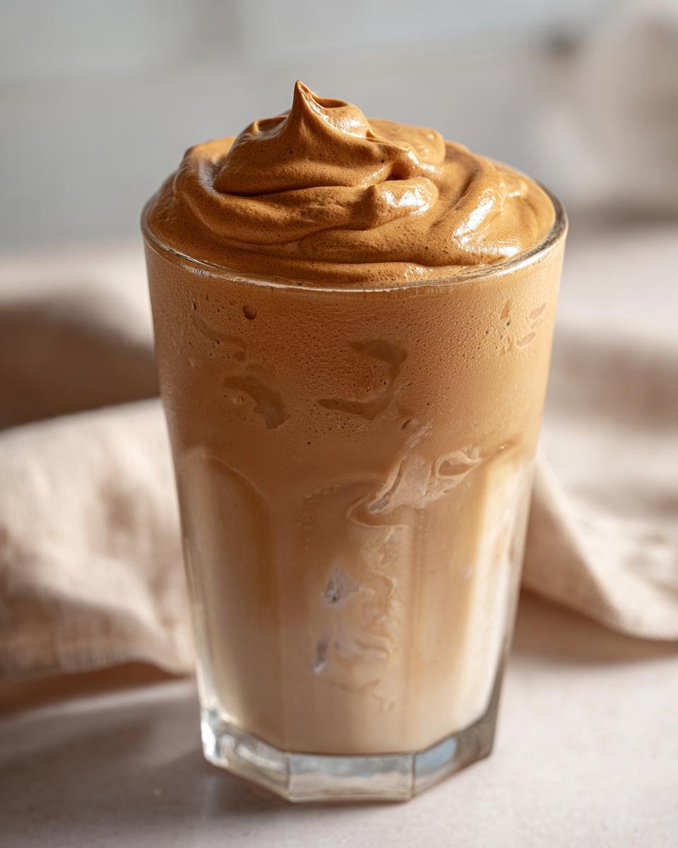 Close-up of a tall glass filled with an Iced Dalgona Coffee Whipped Coffee Vanilla Latte, featuring thick, swirled foam on top of milk and ice.