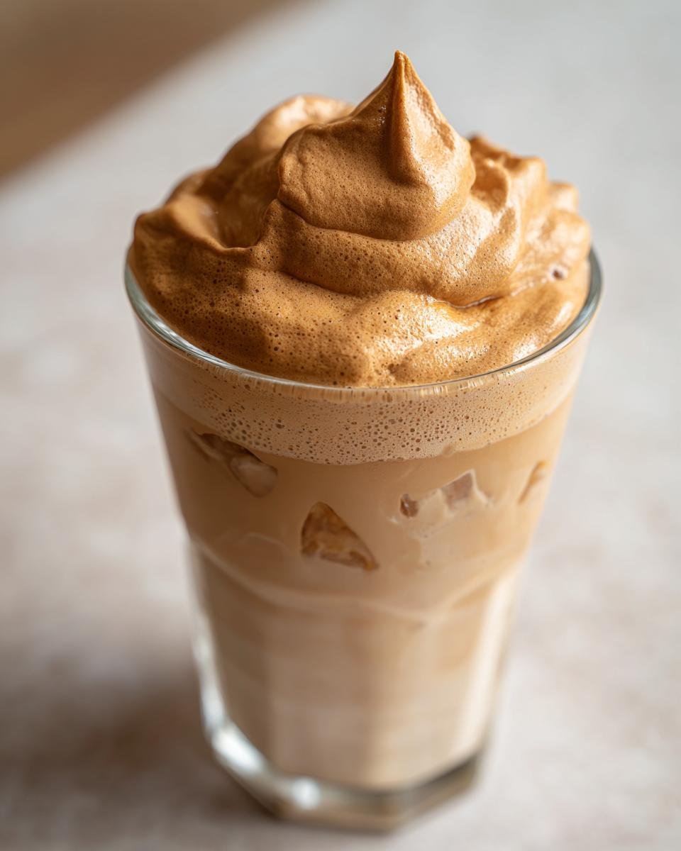 Close-up of a tall glass filled with iced milk topped by thick, perfectly whipped Iced Dalgona Coffee Whipped Coffee Vanilla Latte foam.