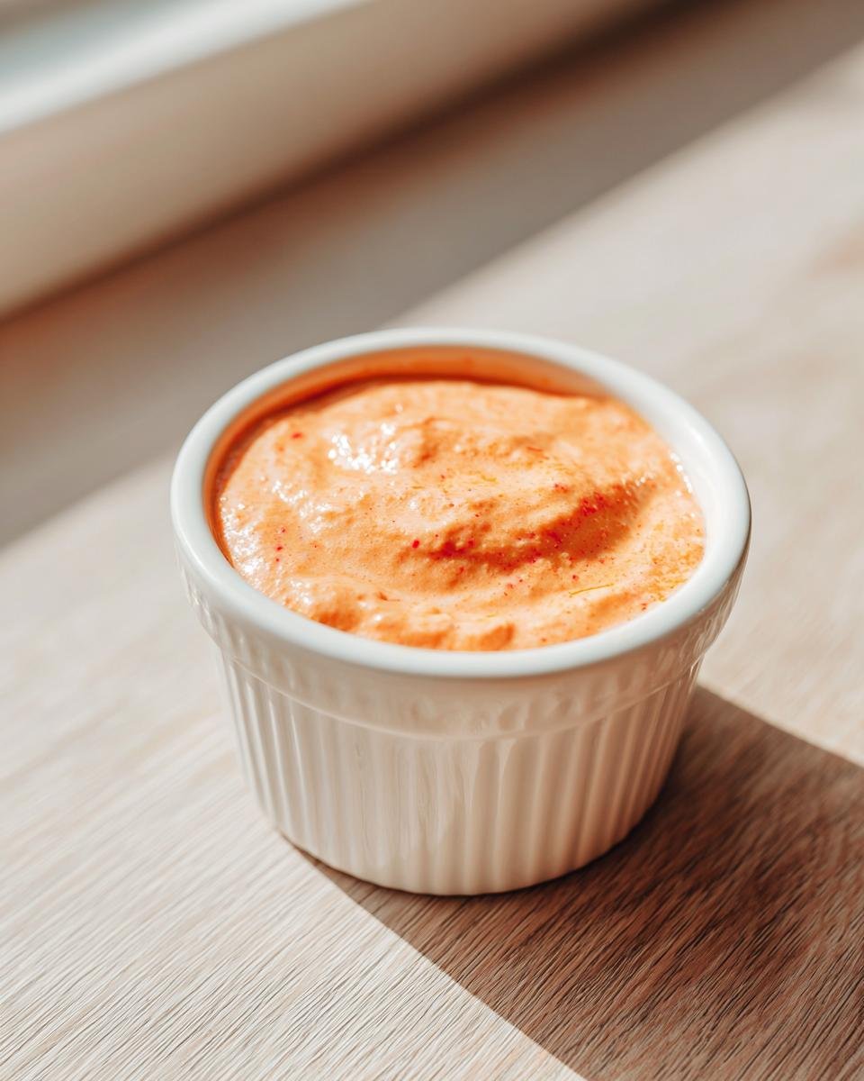 Close-up of bright orange In N Out Sauce Dairy Free in a small white fluted ramekin on a wooden surface.