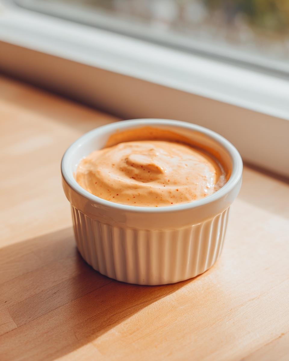 A small white ramekin filled with creamy, orange-hued In N Out Sauce Dairy Free, sitting on a wooden surface near a window.