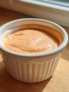 A small white ramekin filled with creamy, orange-hued In N Out Sauce Dairy Free, sitting on a wooden surface near a window.
