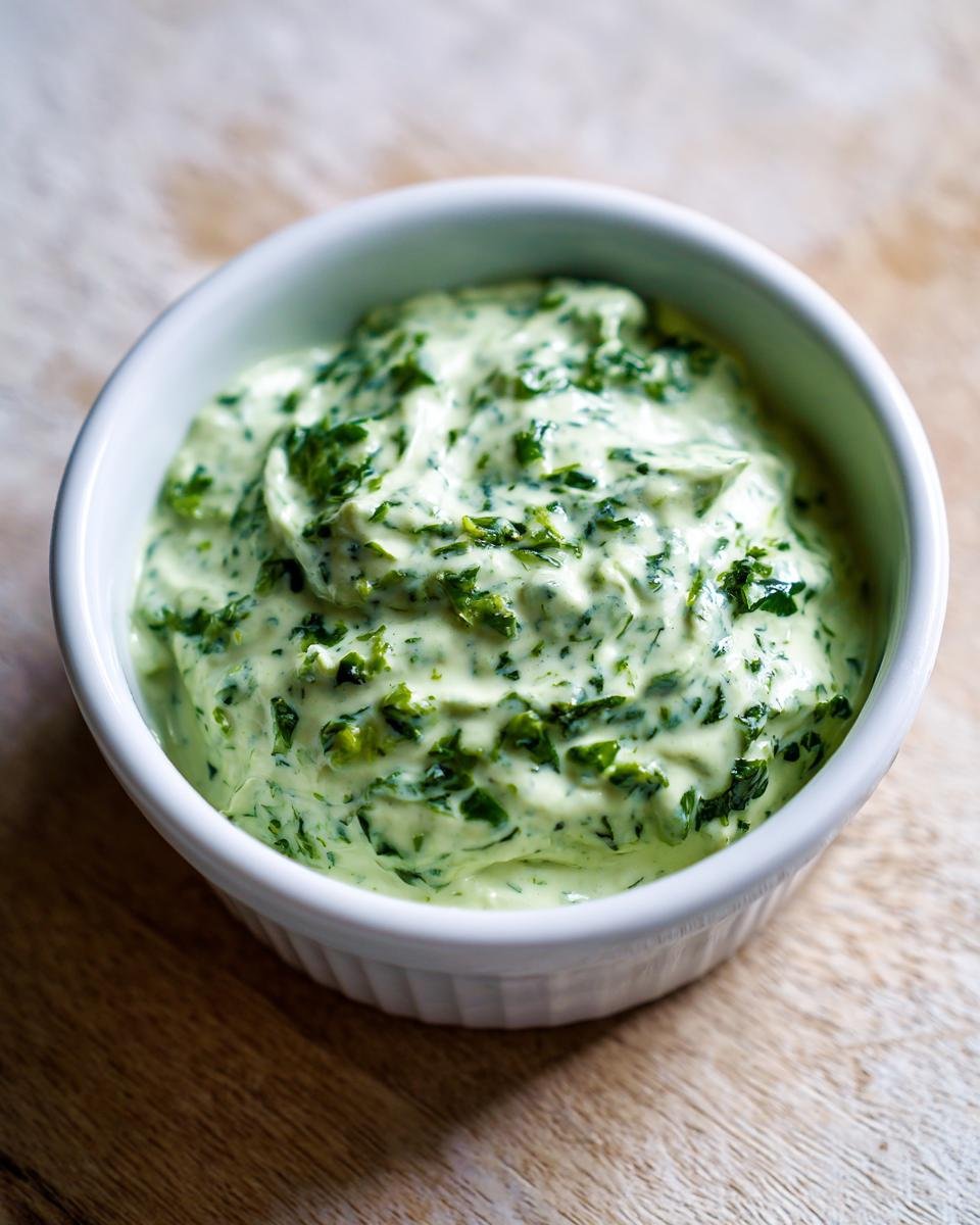 Close-up of thick, creamy Jalapeno Ranch Sauce Dairy Free mixed with visible green herbs in a white ramekin.