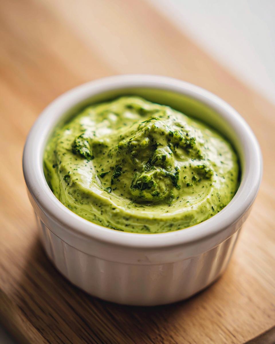 Close-up of thick, vibrant green Jalapeno Ranch Sauce Dairy Free in a small white ramekin on wood.
