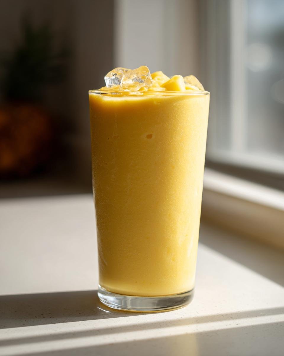 A tall glass filled with a thick, bright yellow Jamaican Pineapple Smoothie, topped with ice cubes and pineapple chunks.
