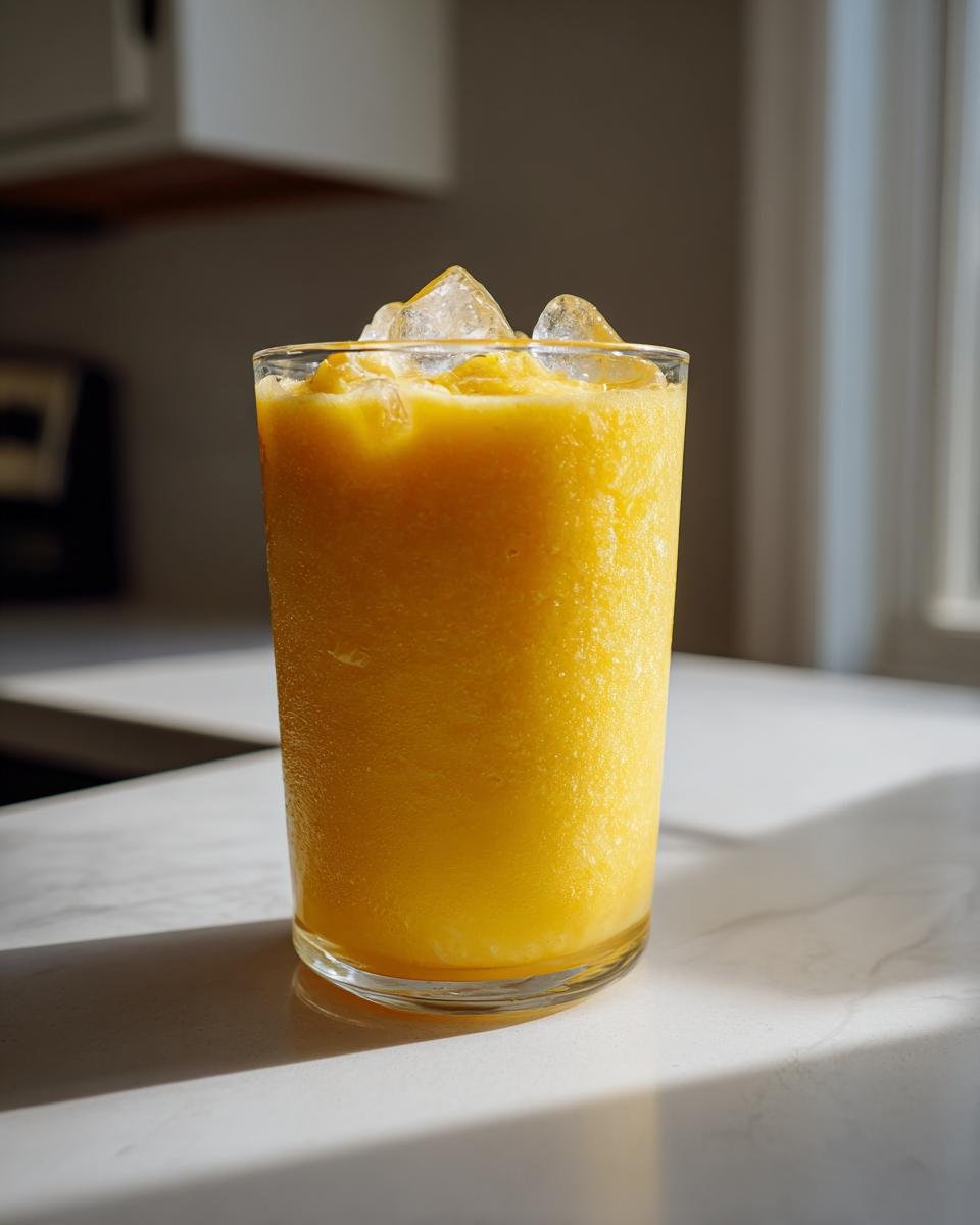 A tall glass filled with a thick, bright yellow Jamaican Pineapple Smoothie topped with ice cubes.