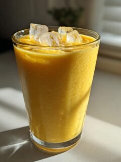 A tall glass filled with a vibrant yellow Jamaican Pineapple Smoothie topped with ice cubes.