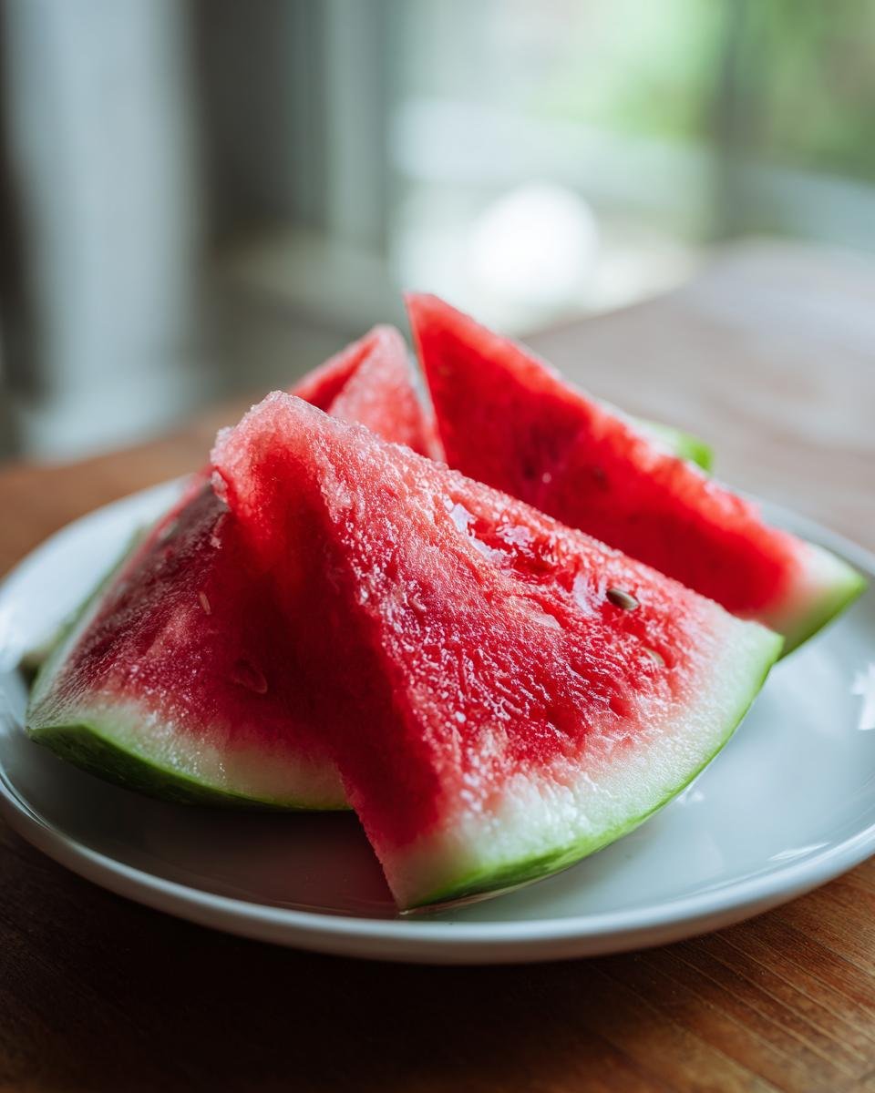 Close-up of three bright red, juicy slices of watermelon with visible seeds on a white plate.