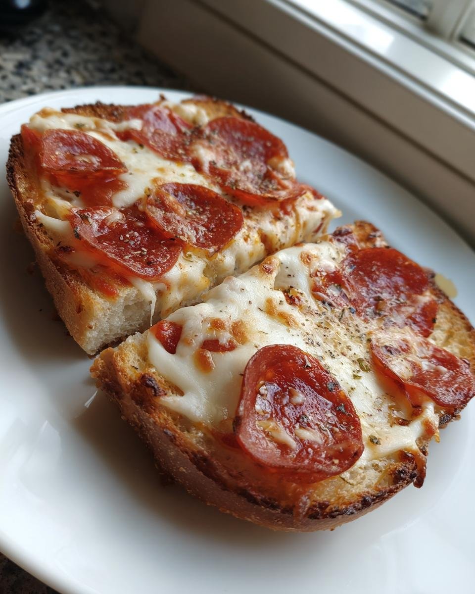 Two slices of Kams Spooky French Bread Pepperoni Pizza topped with melted cheese and herbs on a white plate.