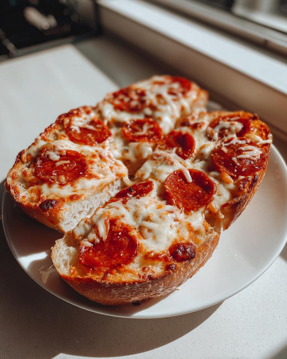 Close-up of Kams Spooky French Bread Pepperoni Pizza halves with melted cheese and pepperoni slices.