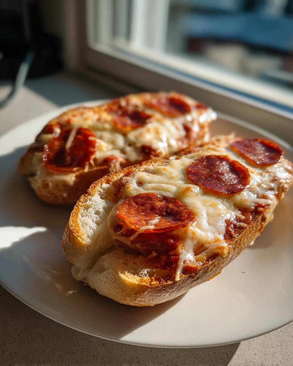 Two halves of Kams Spooky French Bread Pepperoni Pizza topped with melted cheese and pepperoni slices on a white plate.