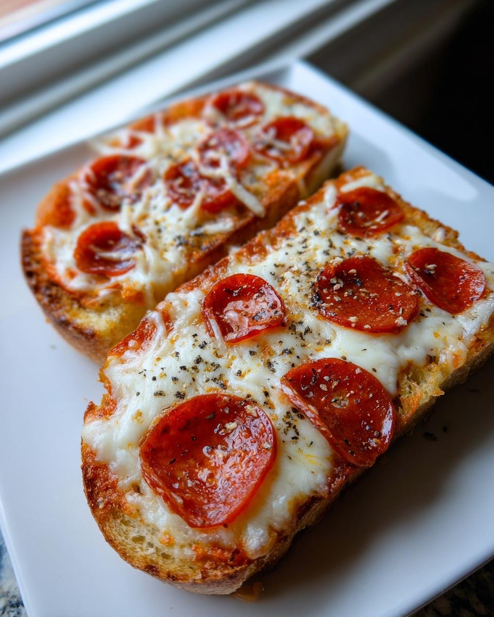 Two slices of Kams Spooky French Bread Pepperoni Pizza topped with melted mozzarella and spices on a white plate.