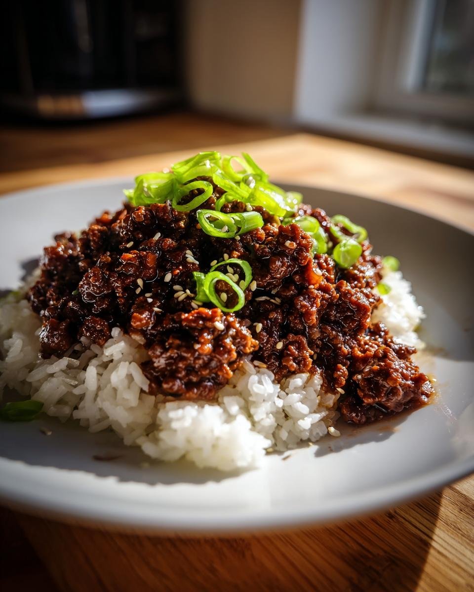 A close-up of a Korean Ground Beef Bowl featuring savory brown ground beef served over white rice and topped with sliced green onions and sesame seeds.