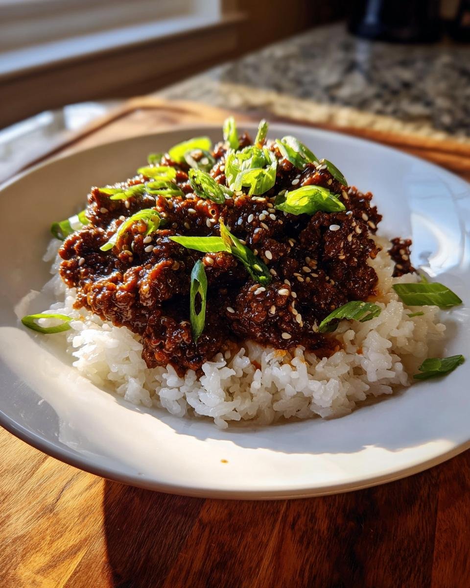 A serving of Korean Ground Beef Bowl, featuring savory ground meat over white rice, topped with green onions and sesame seeds.