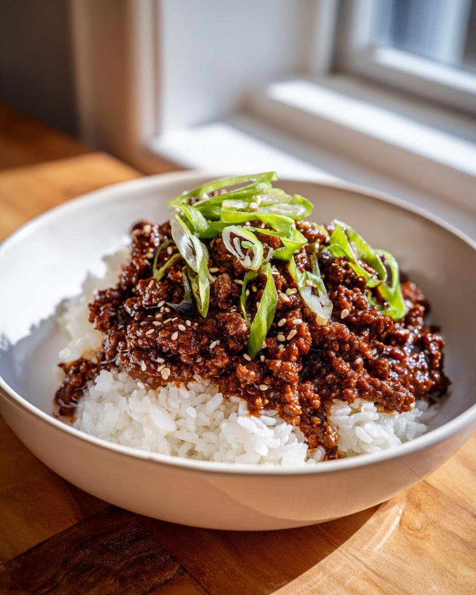 A close-up of a Korean Ground Beef Bowl featuring savory ground beef over white rice, topped with sliced green onions and sesame seeds.