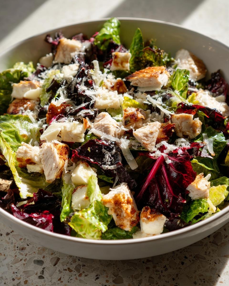 A close-up bowl of La Scala Chopped Salad featuring mixed greens, grilled chicken pieces, and grated Parmesan cheese.