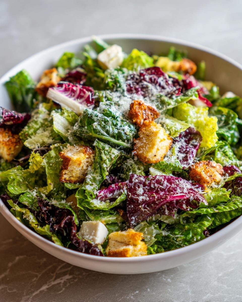 A close-up view of a vibrant La Scala Chopped Salad featuring mixed greens, croutons, cheese cubes, and grated Parmesan.