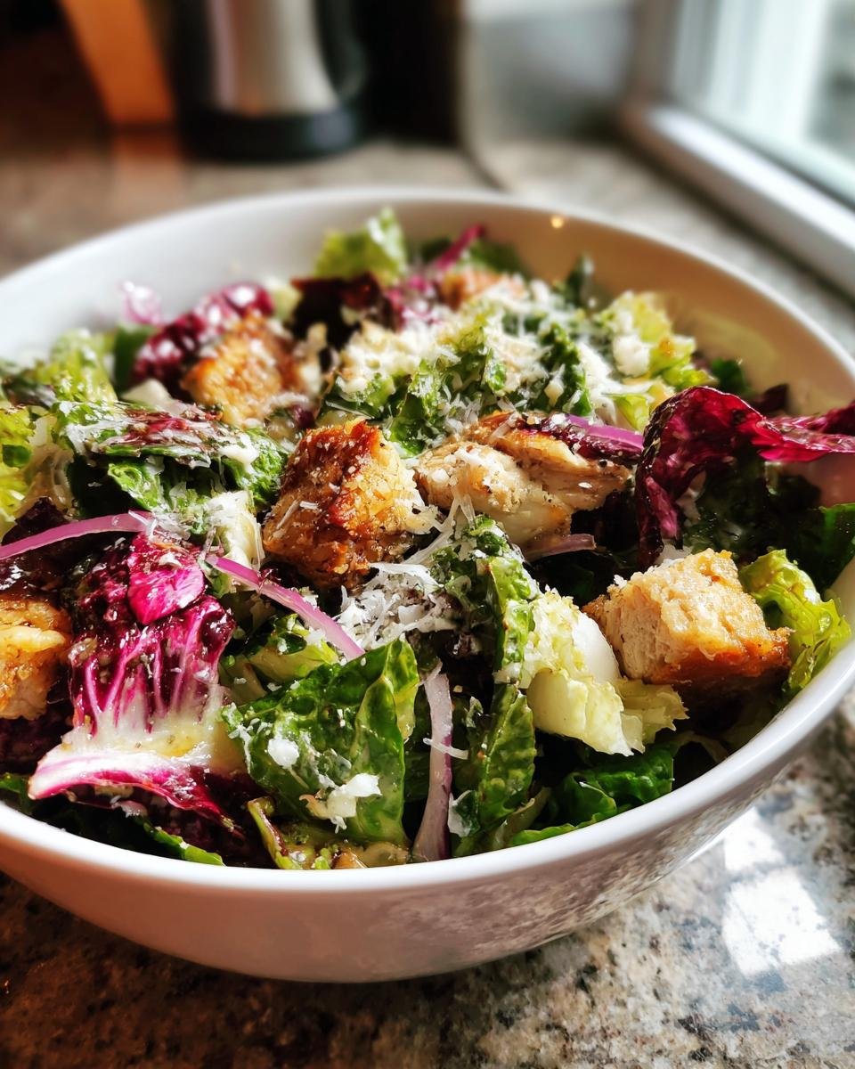A close-up of a vibrant La Scala Chopped Salad featuring mixed greens, croutons, red onion, and grated Parmesan cheese.