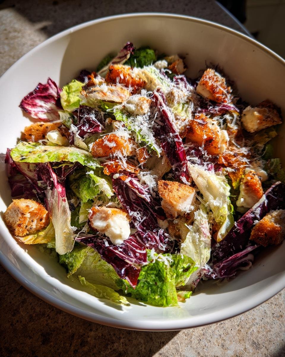 A vibrant bowl filled with the La Scala Chopped Salad, featuring mixed greens, radicchio, croutons, and grated Parmesan cheese.
