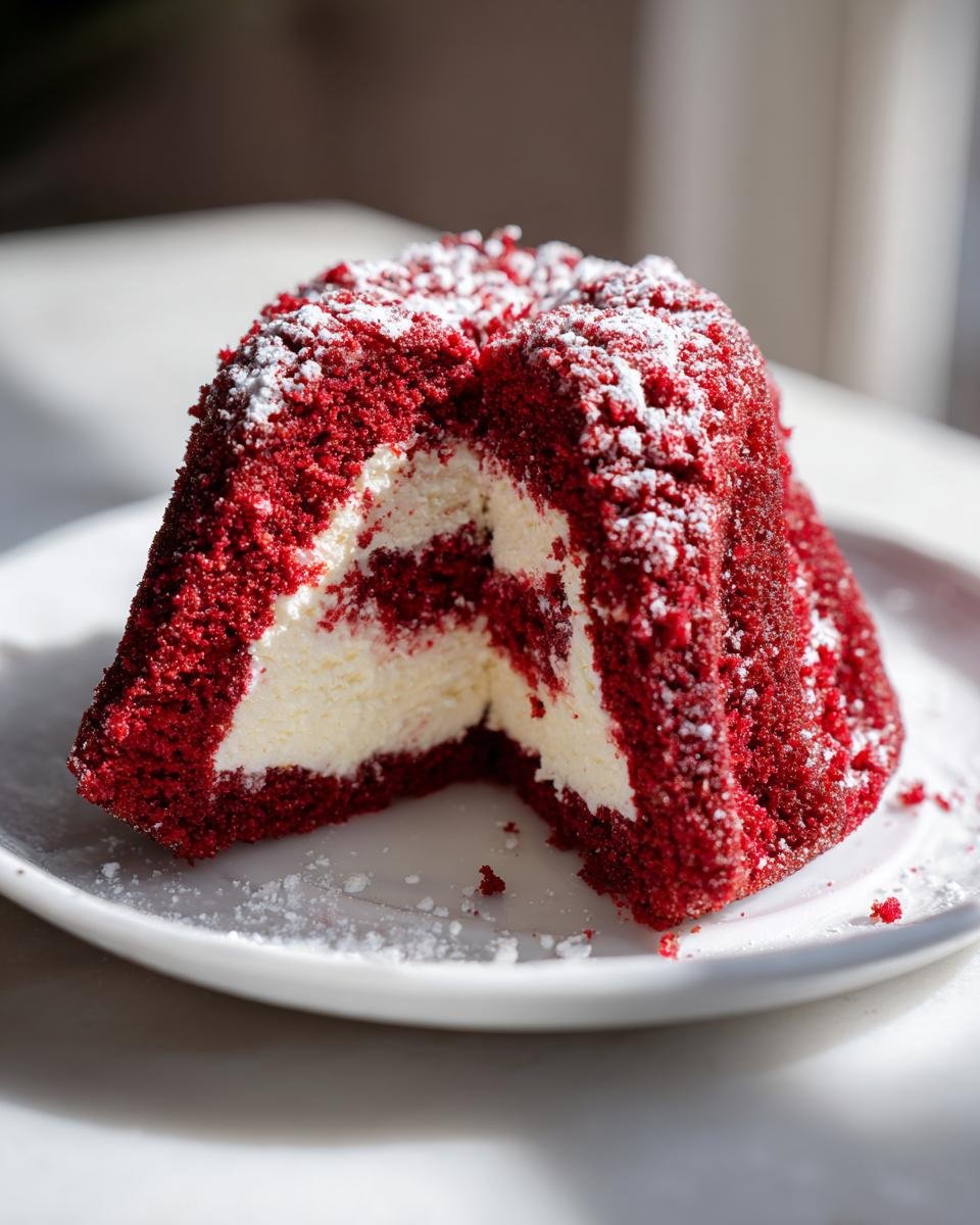 Cross-section view of a slice of Layered Red Velvet Cheesecake Bundt Cake dusted with powdered sugar.