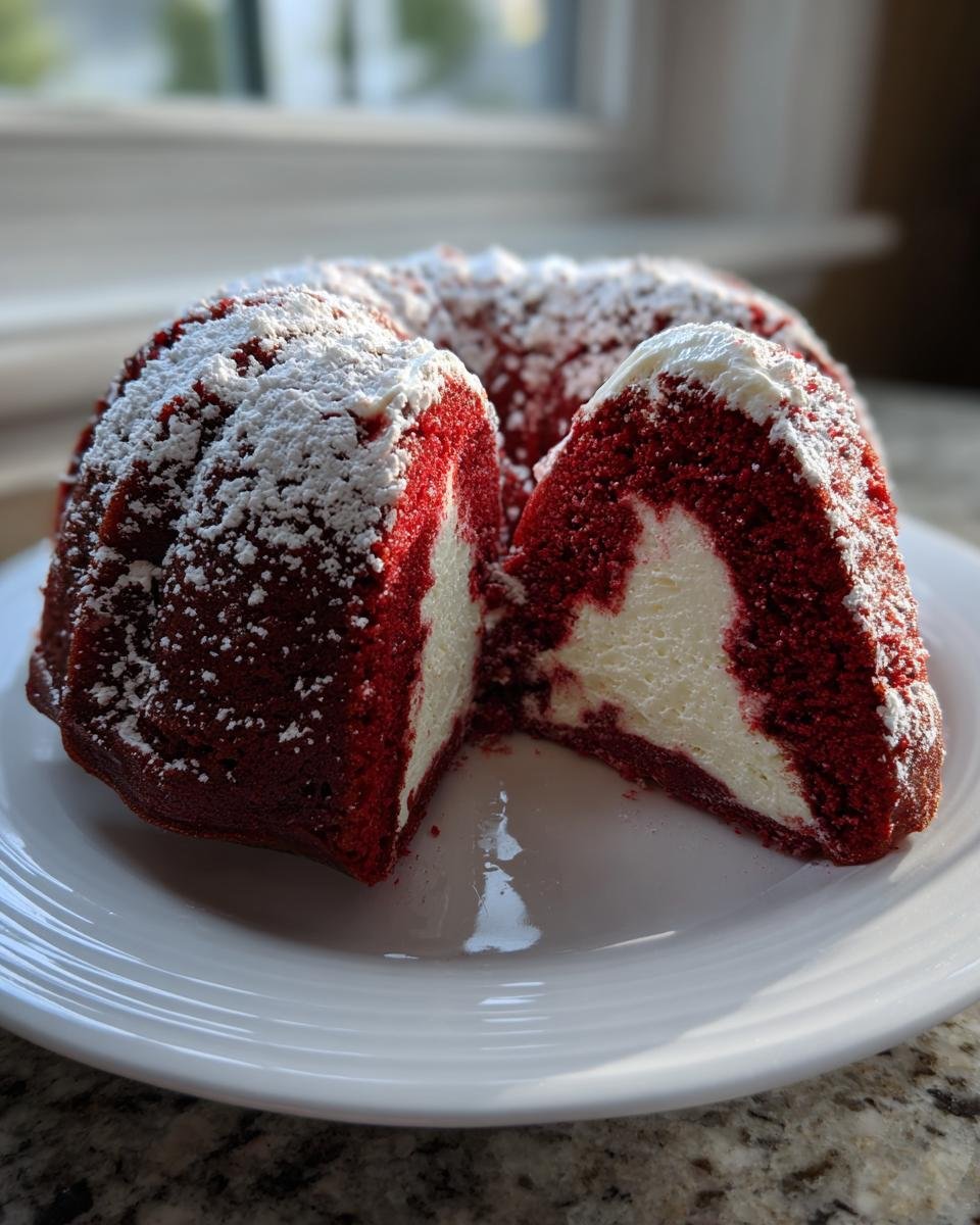 A slice cut from a Layered Red Velvet Cheesecake Bundt Cake showing the bright red cake surrounding a creamy white cheesecake center.