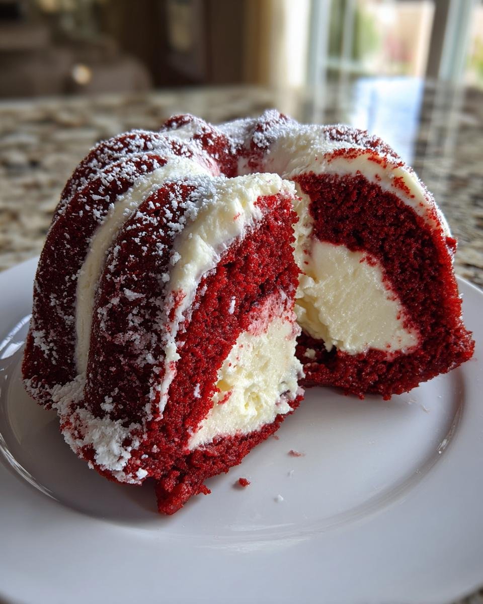 A slice removed from a Layered Red Velvet Cheesecake Bundt Cake showing the bright red cake and creamy white cheesecake center.