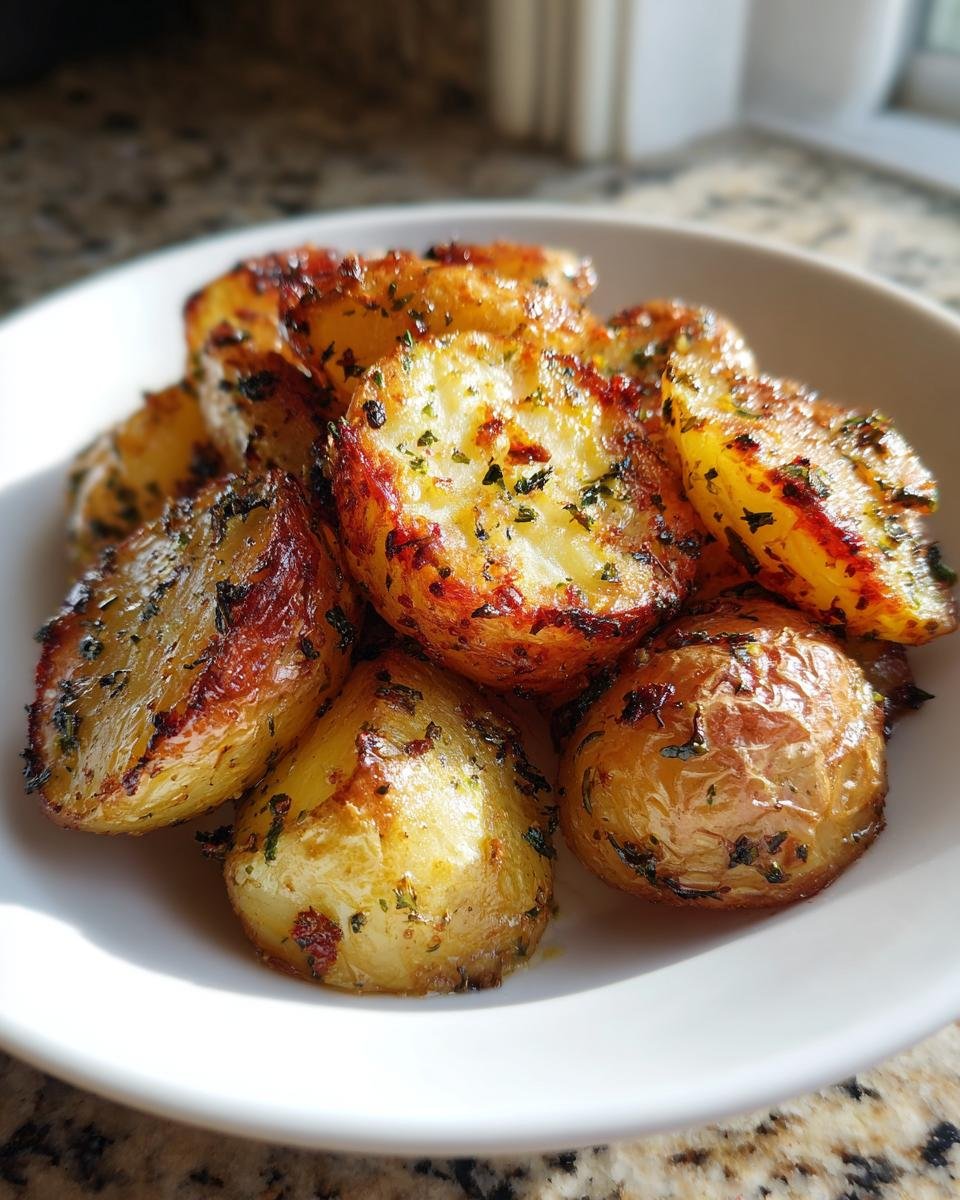 Close-up of golden brown Lemon Garlic Roasted Red Potatoes seasoned with herbs in a white bowl.
