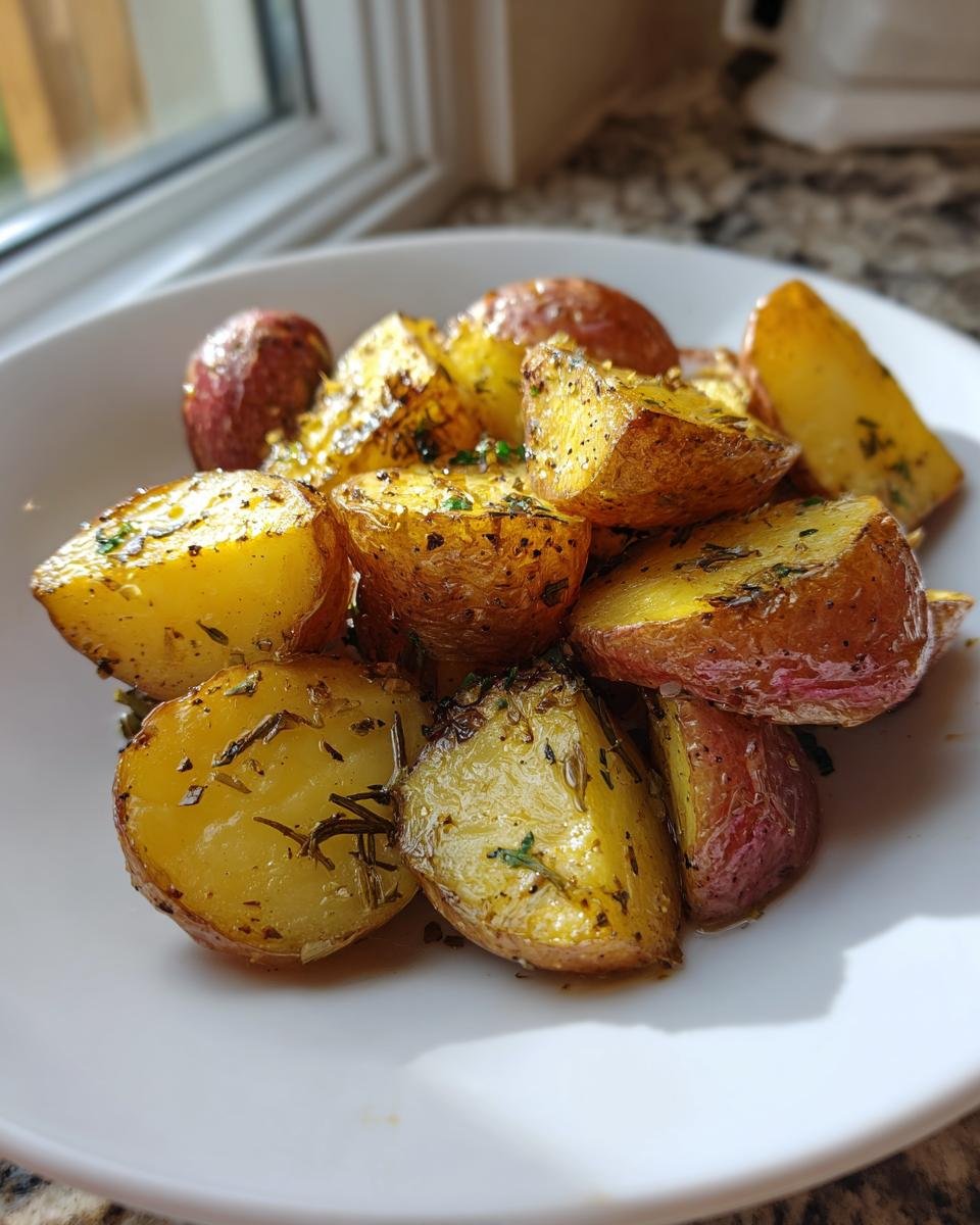 Close-up of perfectly seasoned Lemon Garlic Roasted Red Potatoes served in a white bowl near a window.