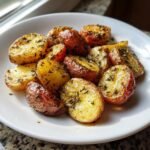 A close-up of perfectly cooked Lemon Garlic Roasted Red Potatoes, seasoned with herbs, served on a white plate.