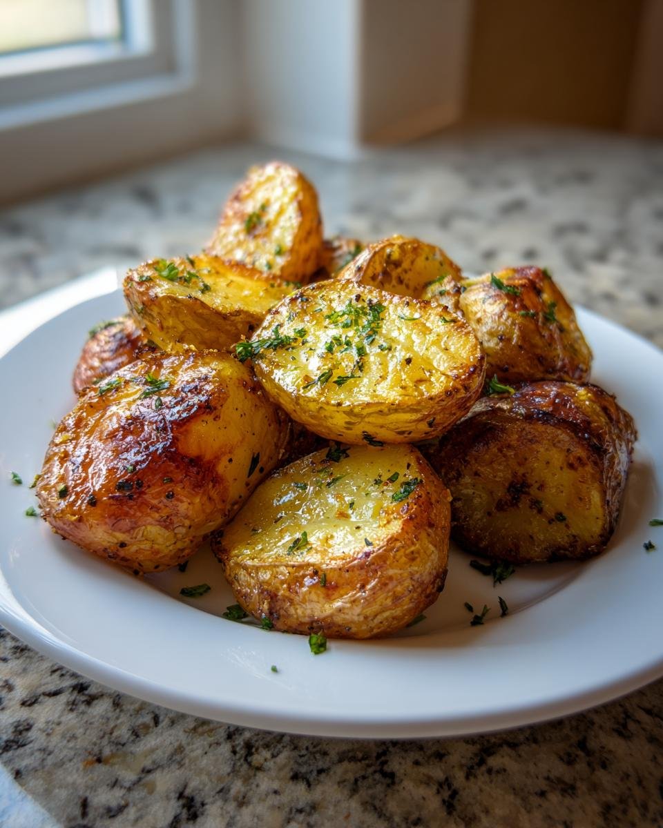 A pile of golden brown Lemon Garlic Roasted Red Potatoes sprinkled with fresh parsley on a white plate.