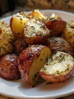 Close-up of perfectly roasted Lemon Garlic Roasted Red Potatoes seasoned with herbs on a white plate.