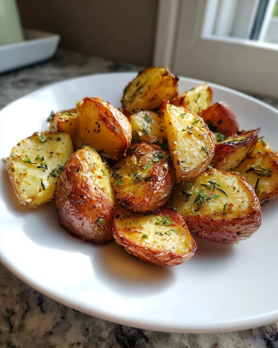 A close-up of perfectly crispy Lemon Garlic Roasted Red Potatoes sprinkled with herbs on a white plate.